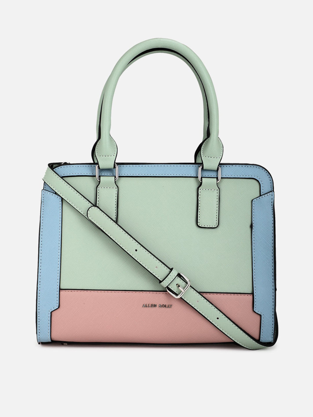 

Allen Solly Green Colourblocked PU Structured Handheld Bag with Applique