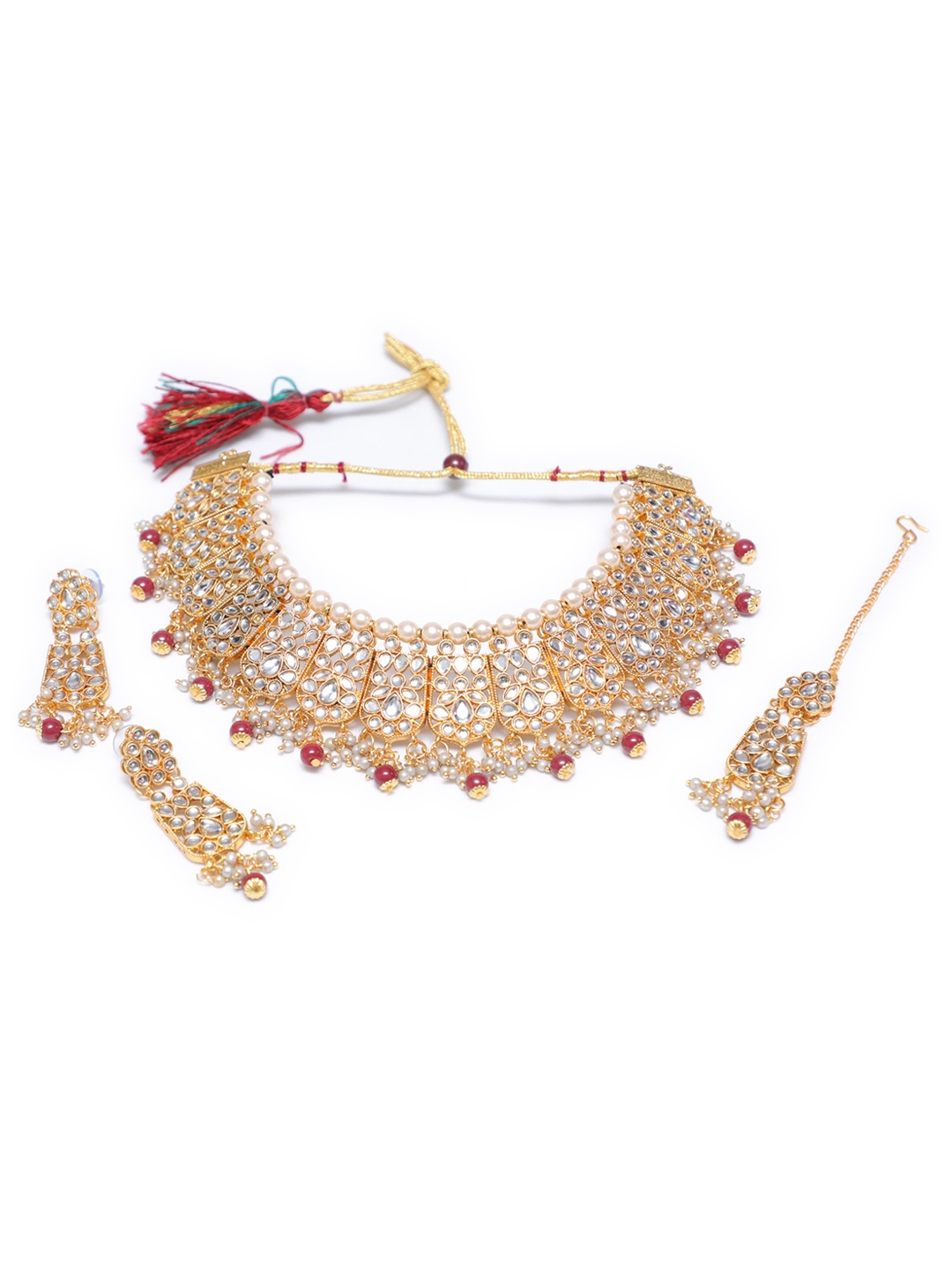 

Swarajshop Gold-Plated Maroon & White Kundan-Studded Jewellery Set