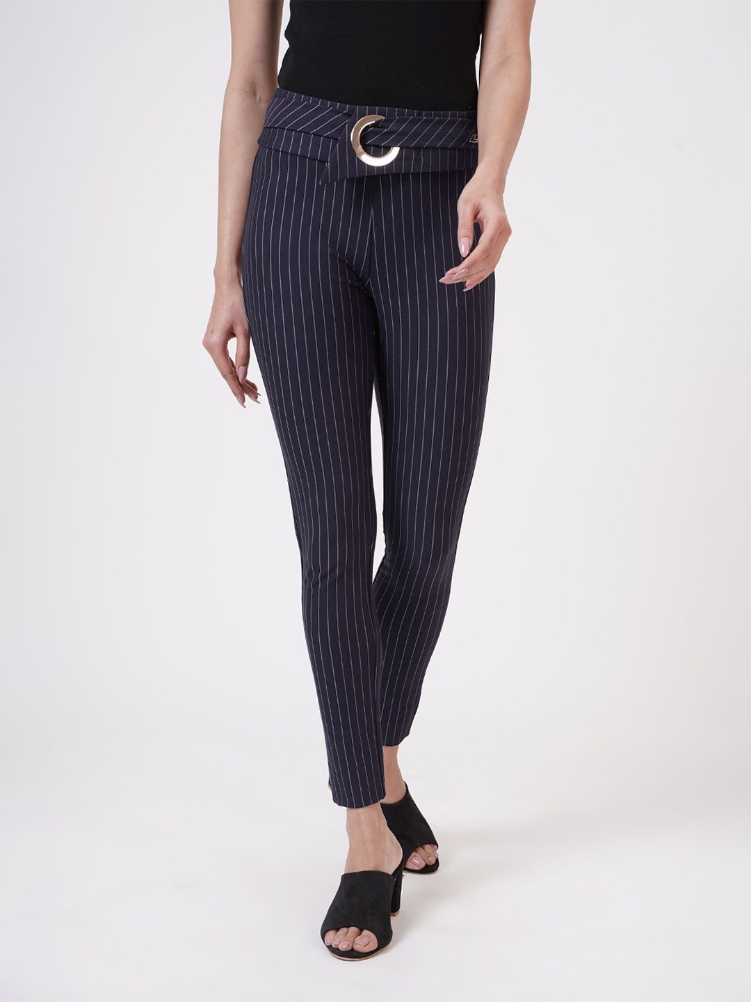 

SHECZZAR Women Navy-Blue Striped Slim-Fit Jeggings
