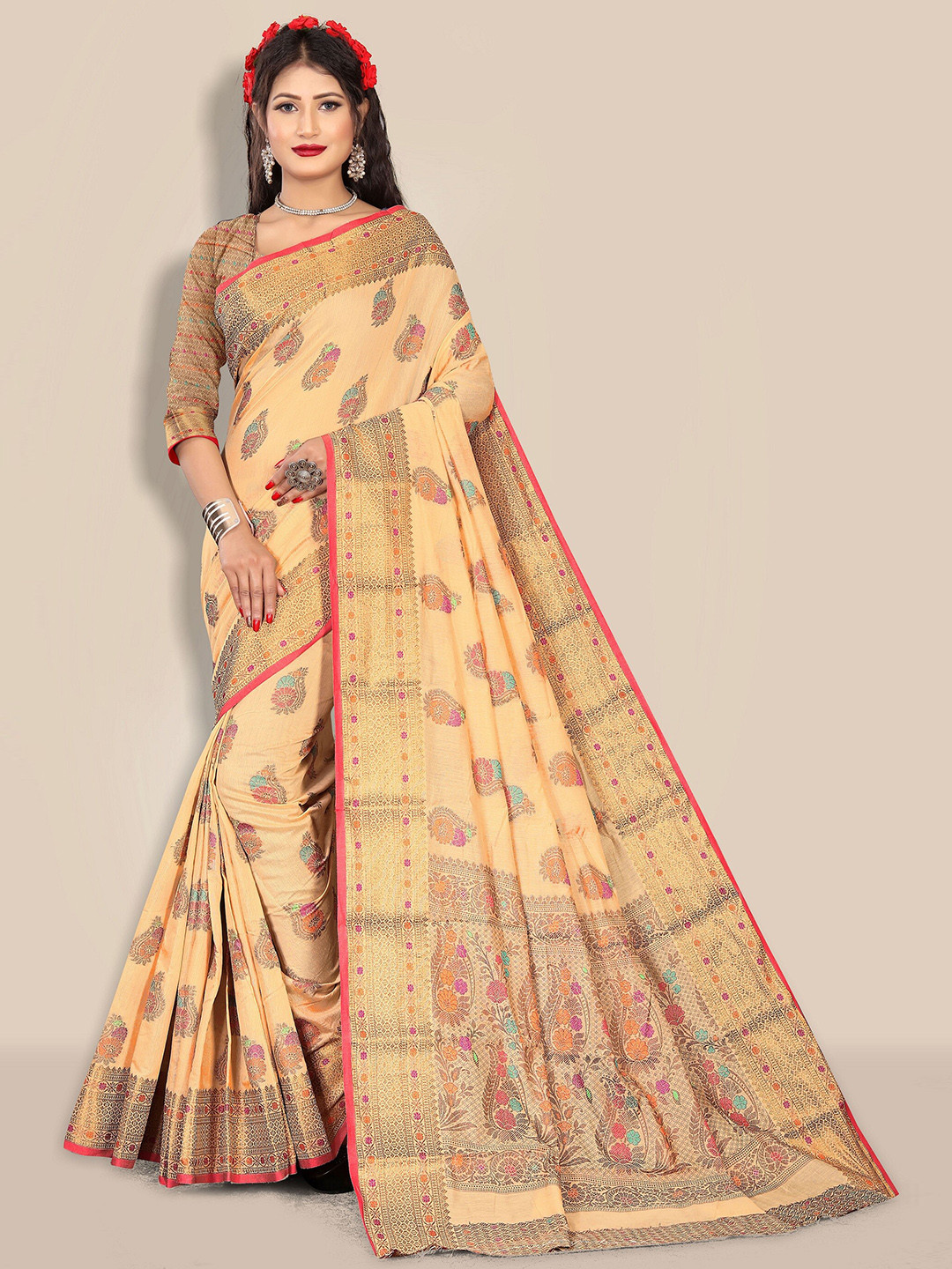 

Rivana Cream-Coloured & Pink Floral Zari Pure Cotton Chanderi Saree