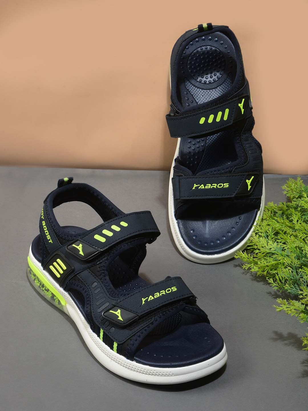 

ABROS Men Navy Blue & Fluorescent Green Solid Sports Sandals