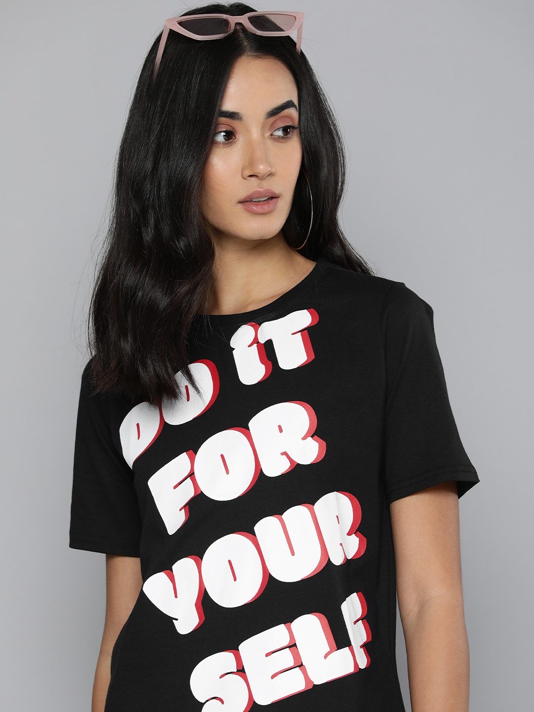 

Flying Machine Women Black & White Typography Printed Pure Cotton Boxy T-shirt