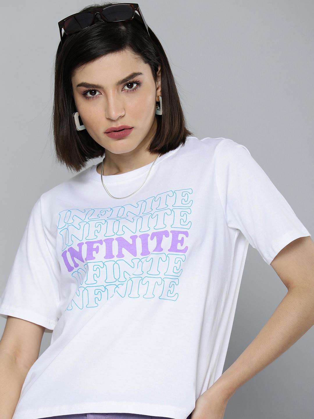 

Flying Machine Women White Typography Printed Pure Cotton Boxy T-shirt