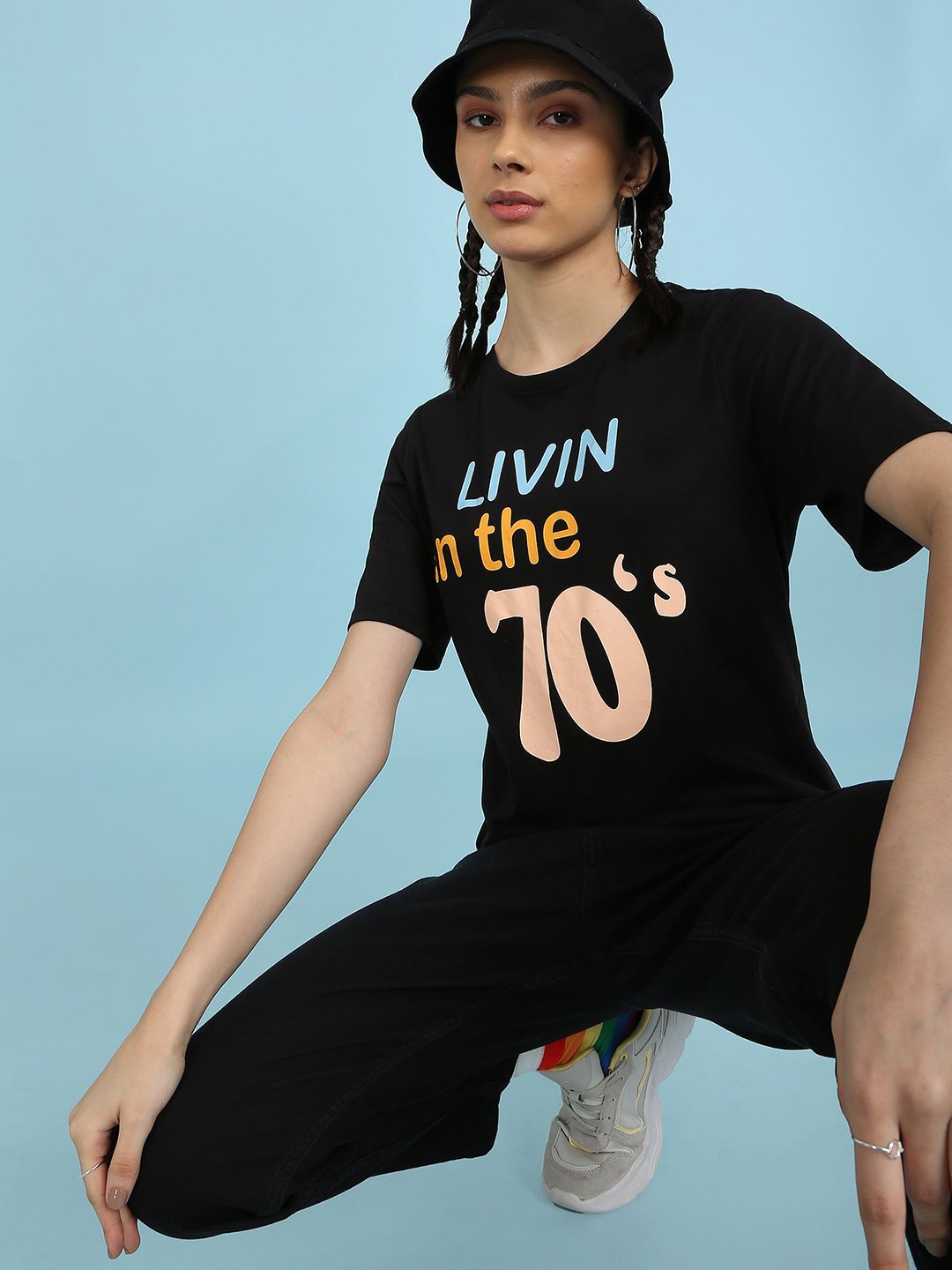 

Flying Machine Women Black Typography Printed Pure Cotton Boxy T-shirt