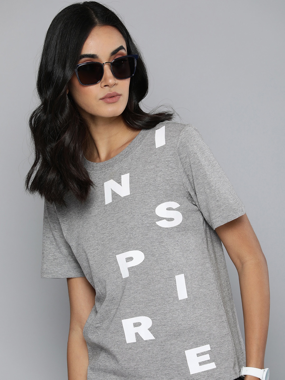 

Flying Machine Women Grey Melange Typography Printed Pure Cotton T-shirt