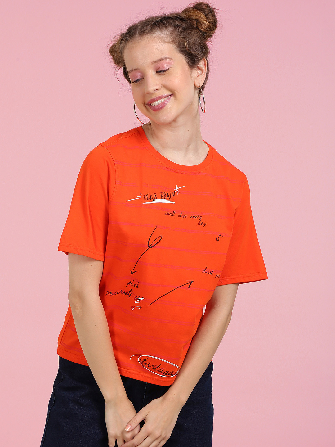 

Flying Machine Women Orange & Red Typography Printed Pure Cotton Boxy T-shirt