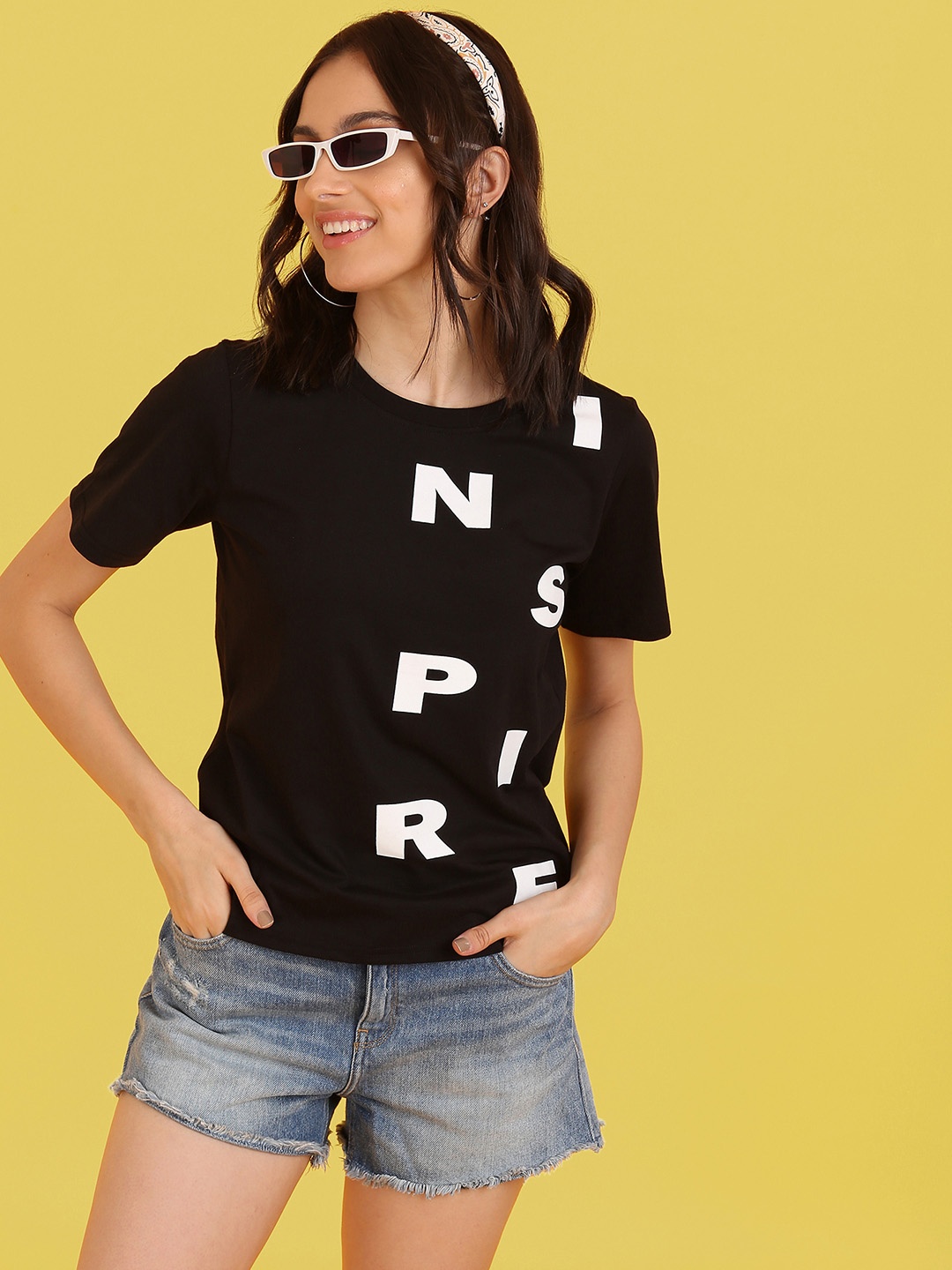 

Flying Machine Women Black & White Typography Printed Pure Cotton Boxy T-shirt