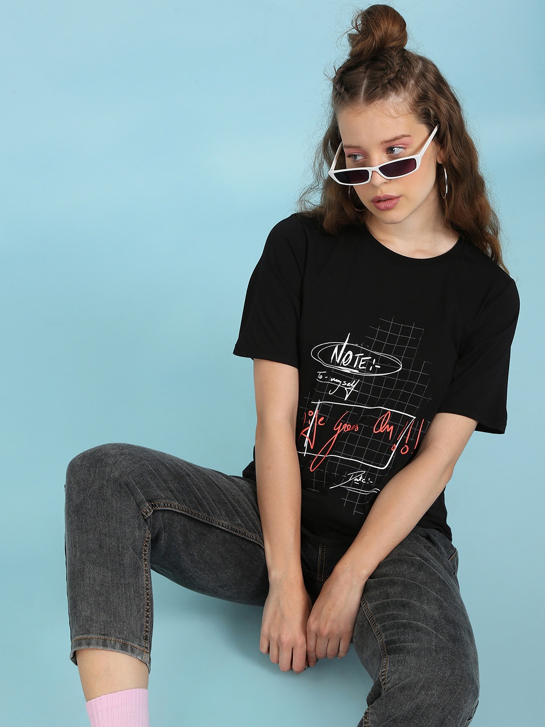 

Flying Machine Women Black Graphic Printed Pure Cotton Boxy T-shirt