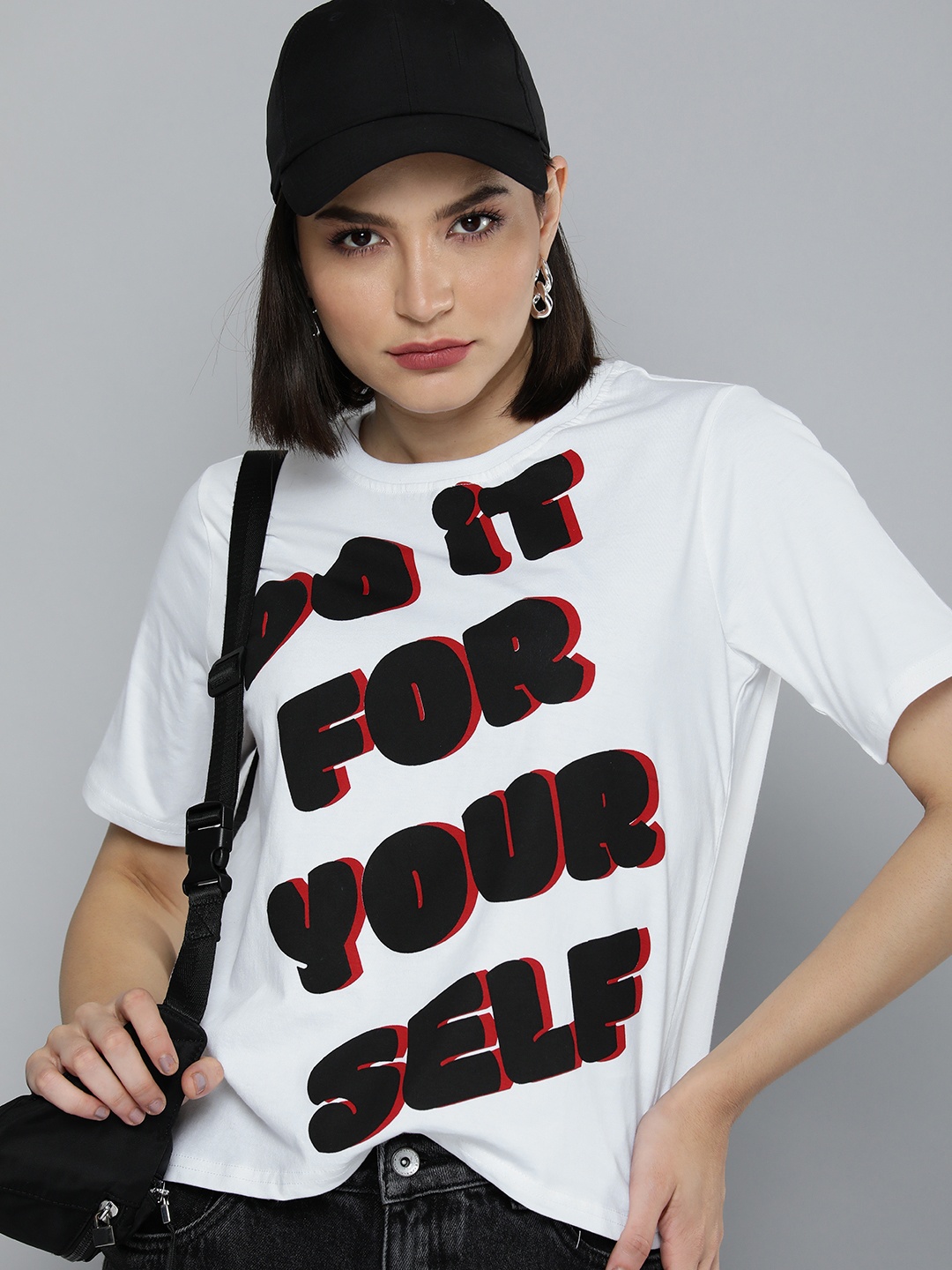 

Flying Machine Women White Typography Printed Pure Cotton Boxy T-shirt