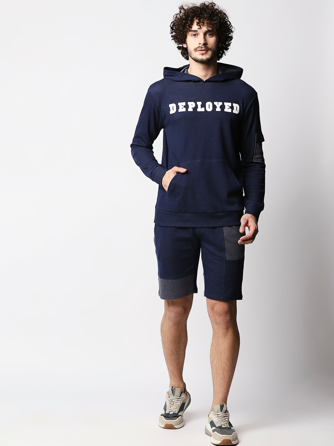 

Disrupt Men Blue Graphic Printed Hoodie & Cut-Sew Shorts Co-ord Set