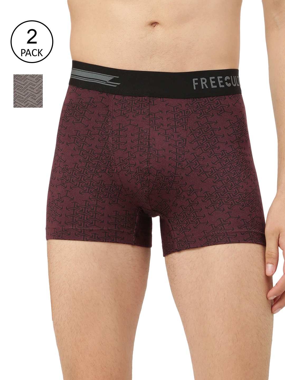 

FREECULTR Men Pack Of 2 Burgundy, Grey Printed Trunk