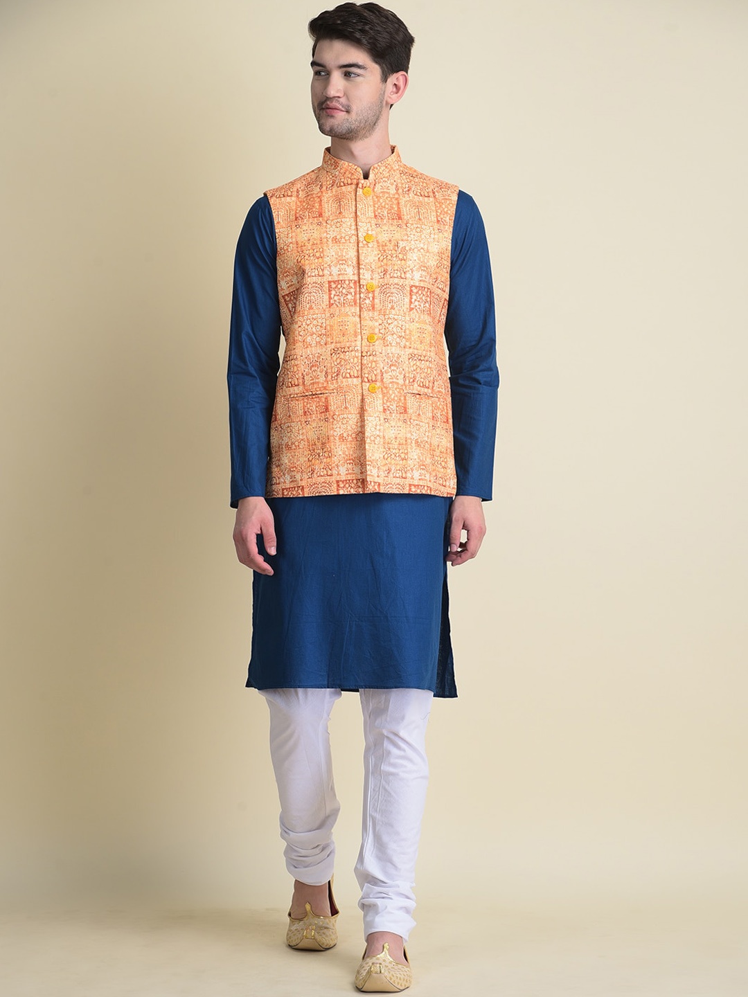 

NAMASKAR Men Navy Blue Pure Cotton Kurta with Pyjamas & Nehru Jacket