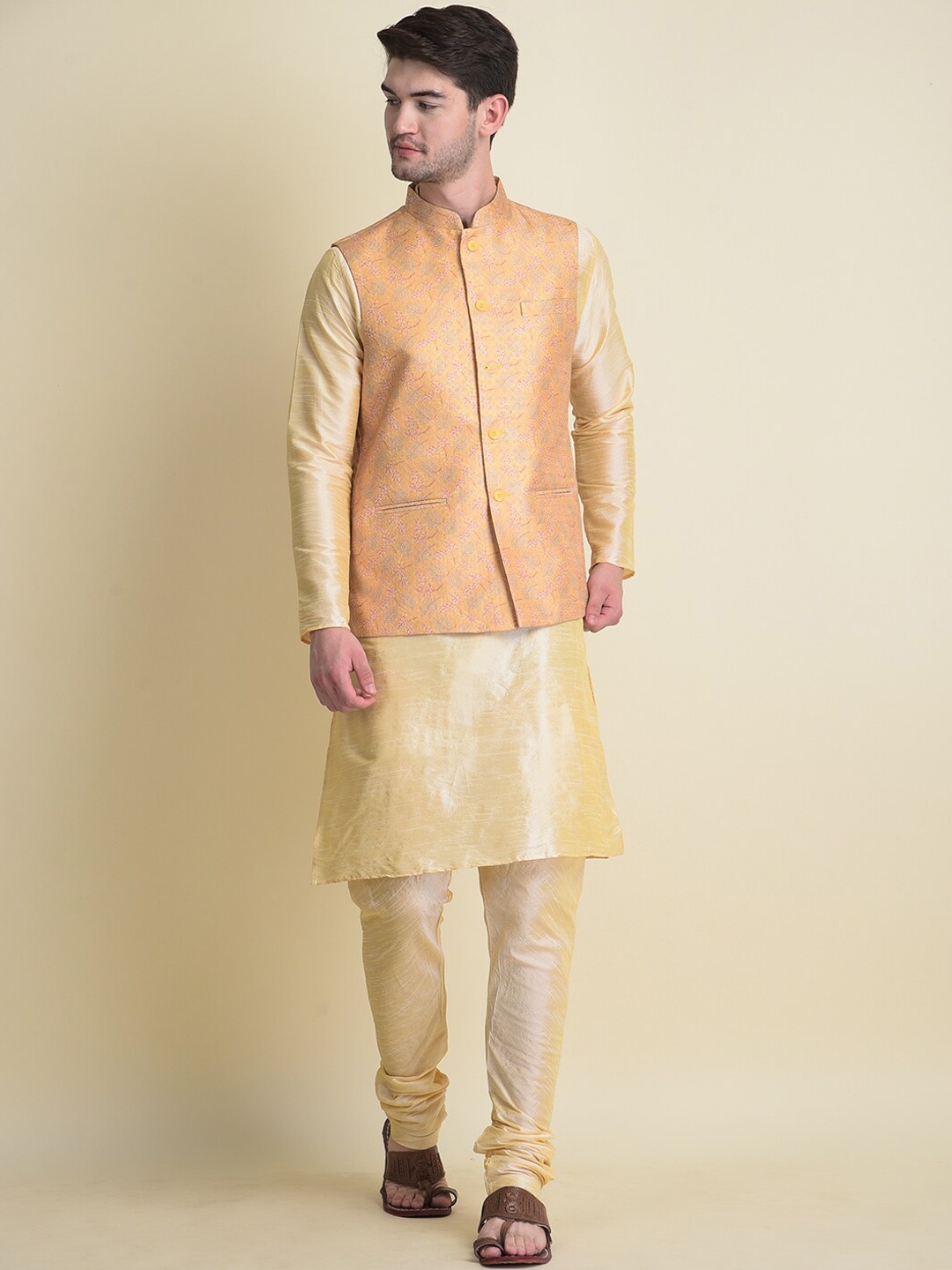 

NAMASKAR Men Gold-Toned Layered Mirror Work Dupion Silk Kurta with Pyjamas