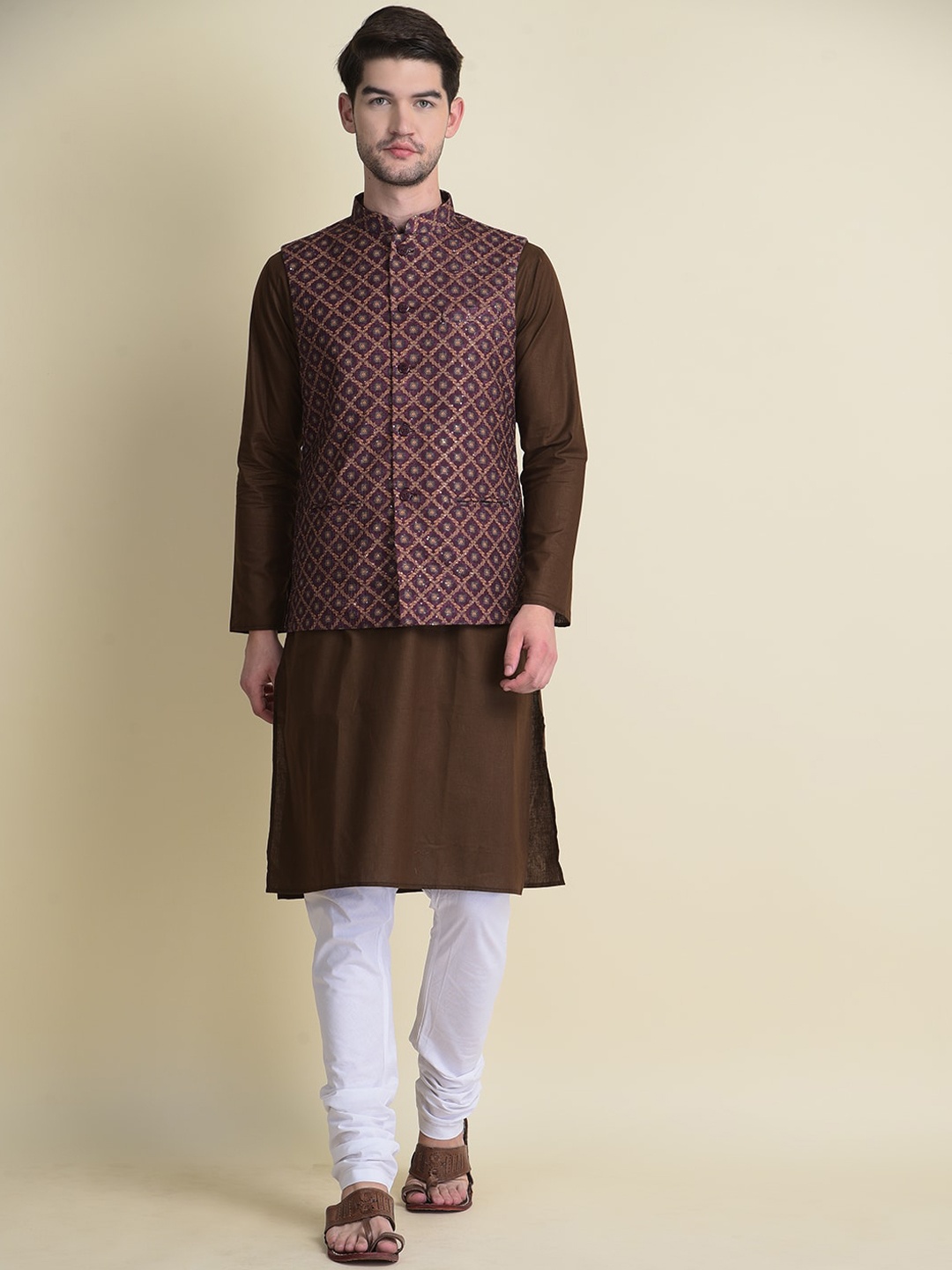 

NAMASKAR Men Brown Pleated Mirror Work Pure Cotton Kurta with Pyjamas