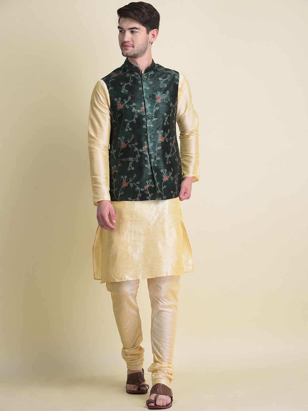 

NAMASKAR Men Gold-Toned Dupion Silk Kurta Pyjamas Set With Floral Jacket