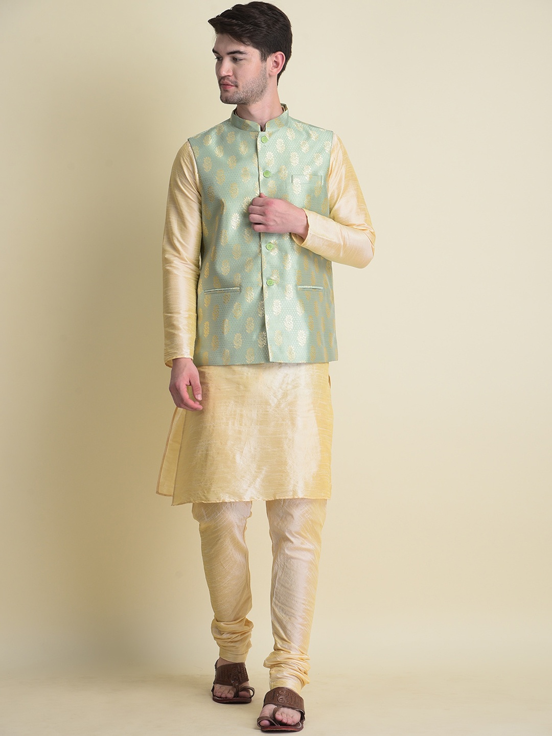 

NAMASKAR Men Gold-Toned Ethnic Motifs Mirror Work Dupion Silk Kurta With Churidar Set