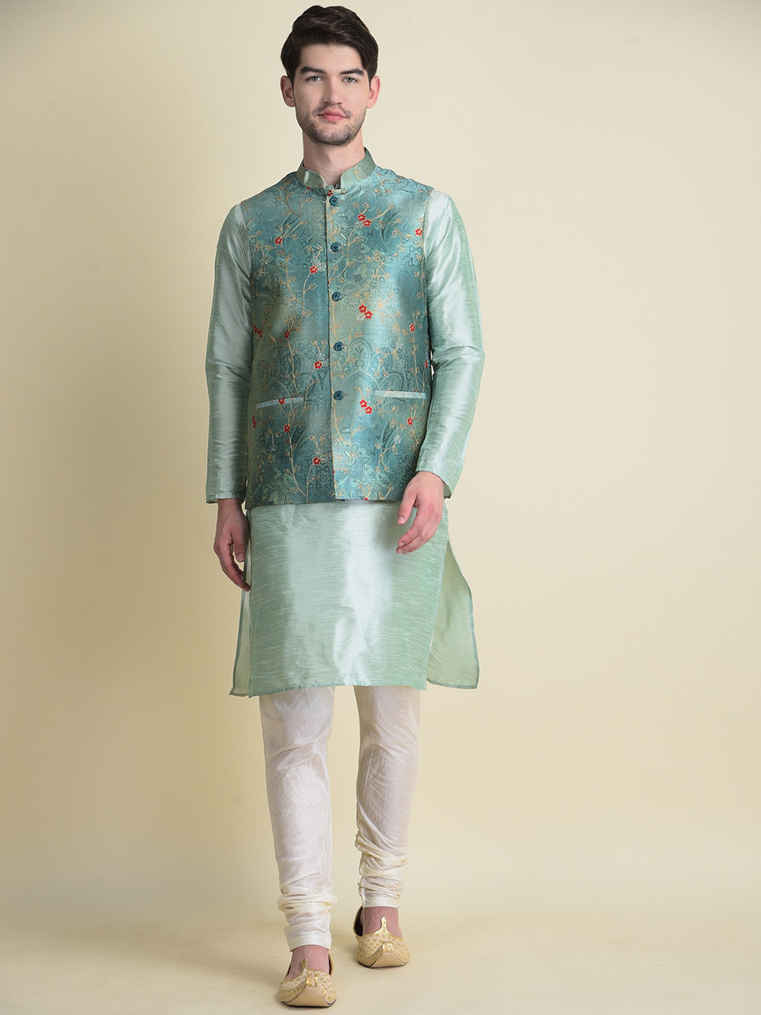 

NAMASKAR Men Sea Green Layered Thread Work Dupion Silk Nehru Jacket Kurta Churidar Set