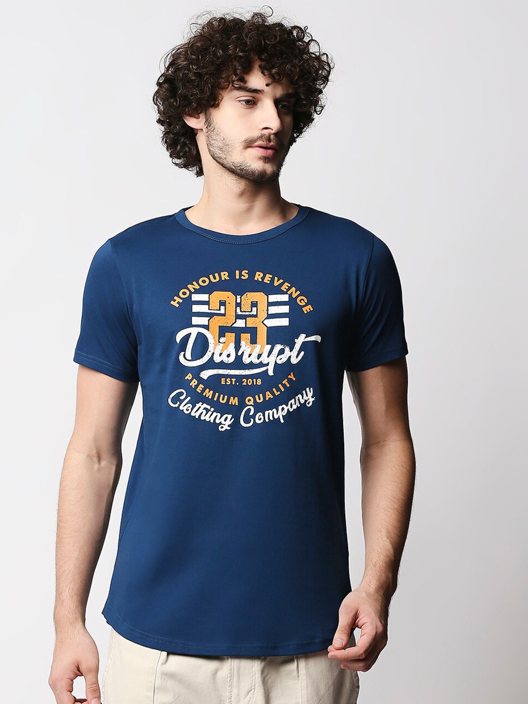 

Disrupt Men Blue Typography Printed Applique T-shirt