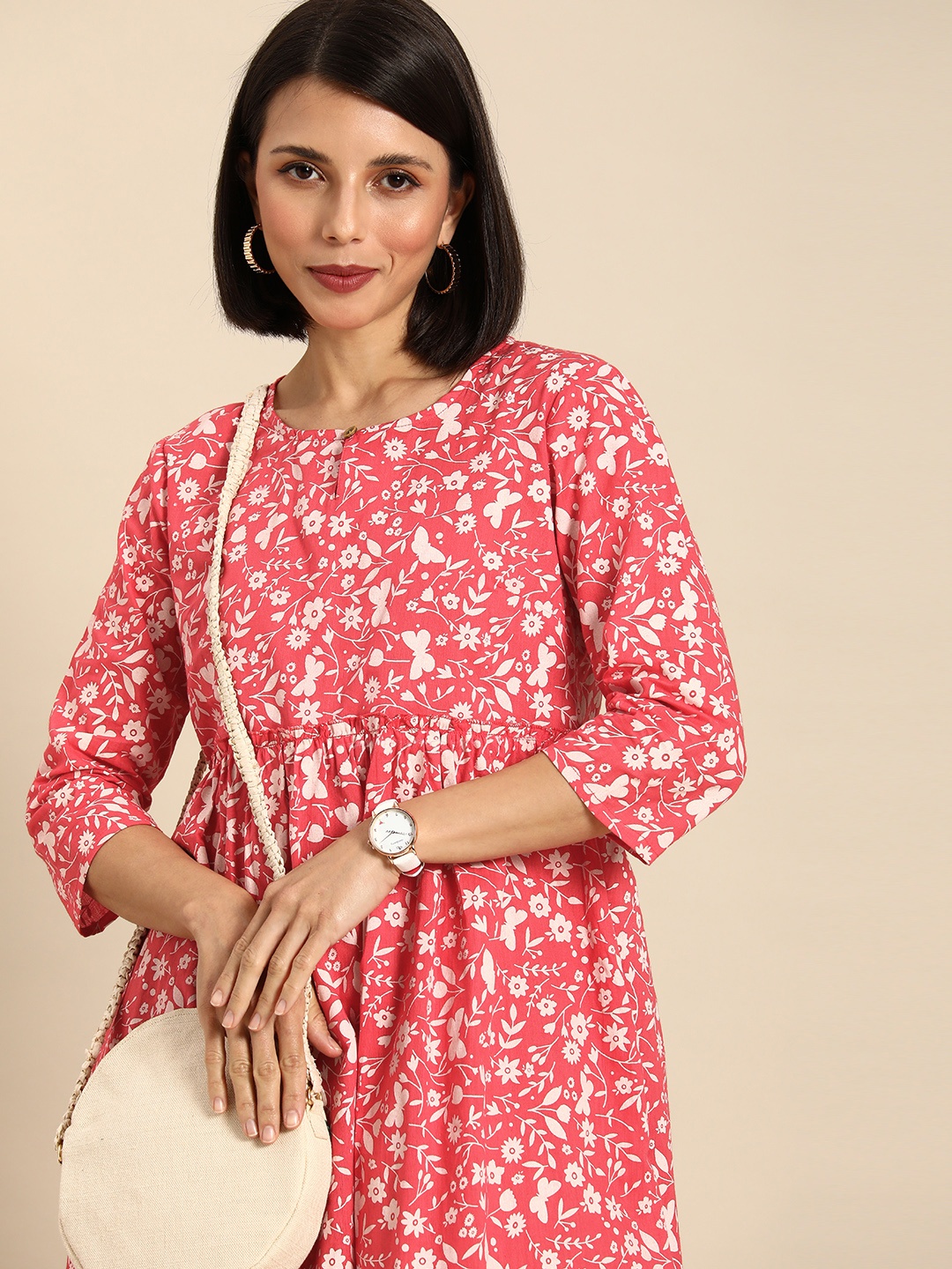

Anouk Women Coral & White Floral Print A-Line Dress