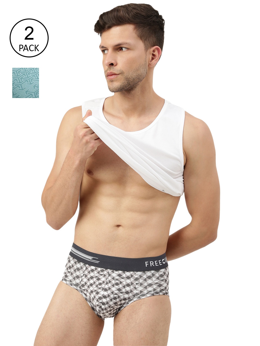 

FREECULTR Men Grey & Blue Pack Of 2 Printed Antibacterial Basic Briefs