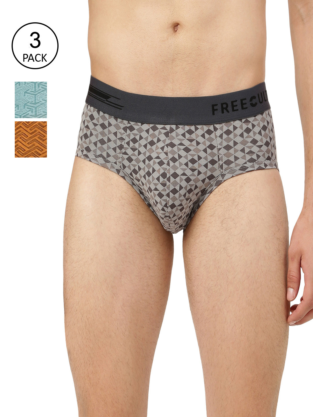 

FREECULTR Men Pack Of 3 Printed Anti Bacterial Basic Briefs FC-PT-B-MSG-CMRB-BBY-03, Grey
