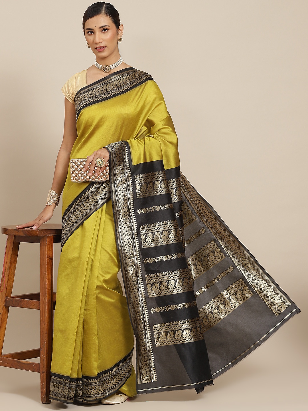 

PRENEA Mustard Green & Black Woven Design Silk Blend Banarasi Saree with Blouse Piece