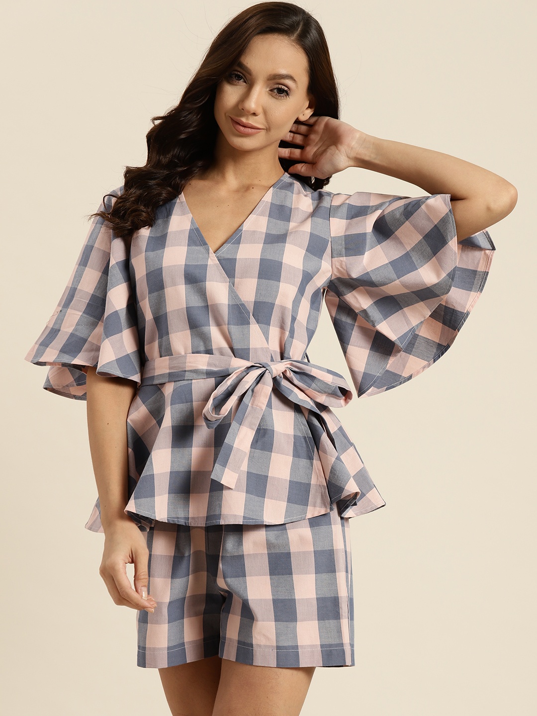 

ADORENITE Women Peach-Coloured & Blue Checked Pure Cotton Shorts Set