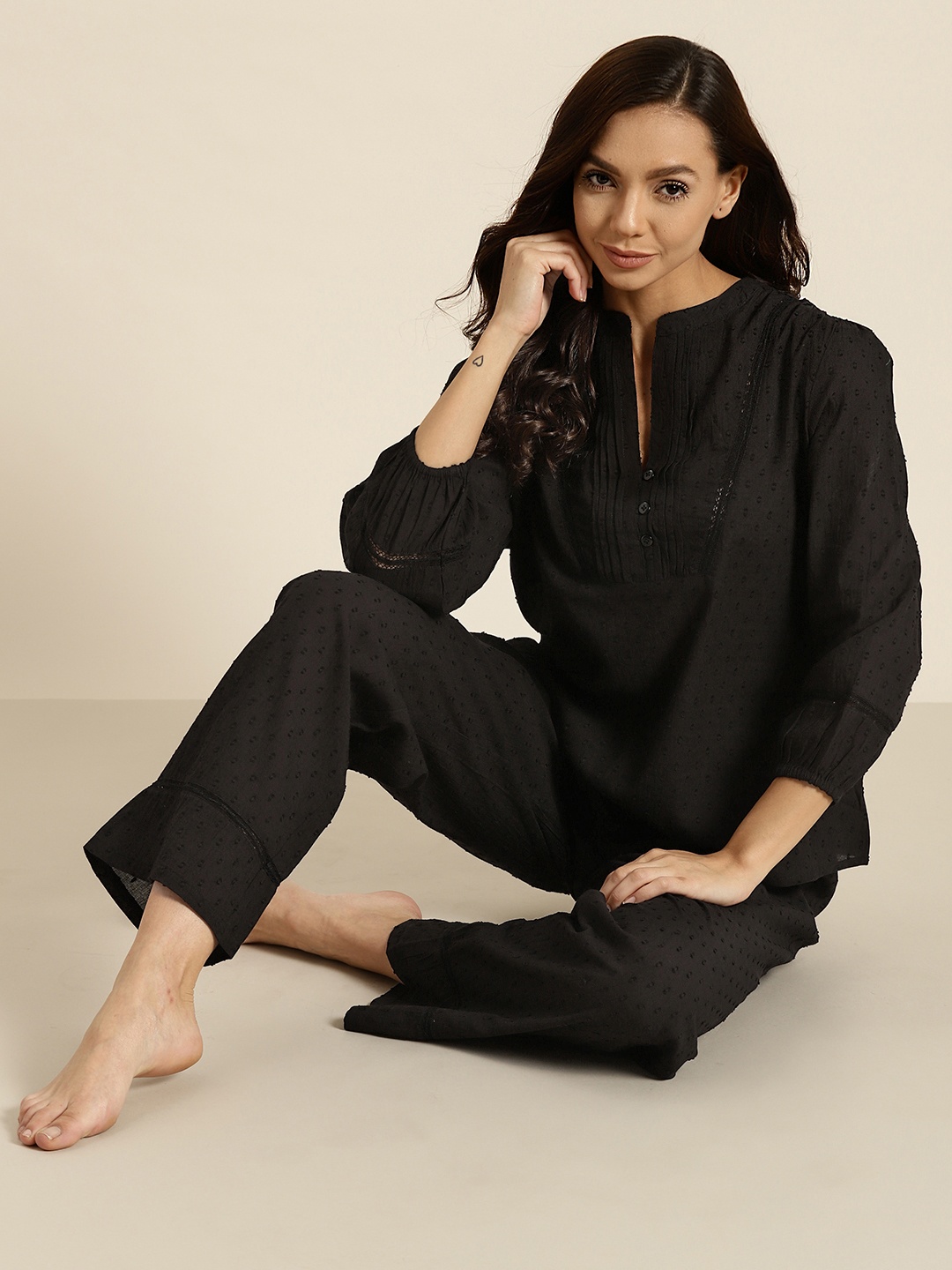 

ADORENITE Women Black Solid Pure Cotton Pyjamas Set