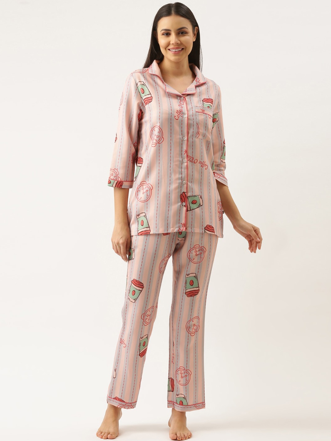 

Bannos Swagger Women Pink & Blue Printed Night suit