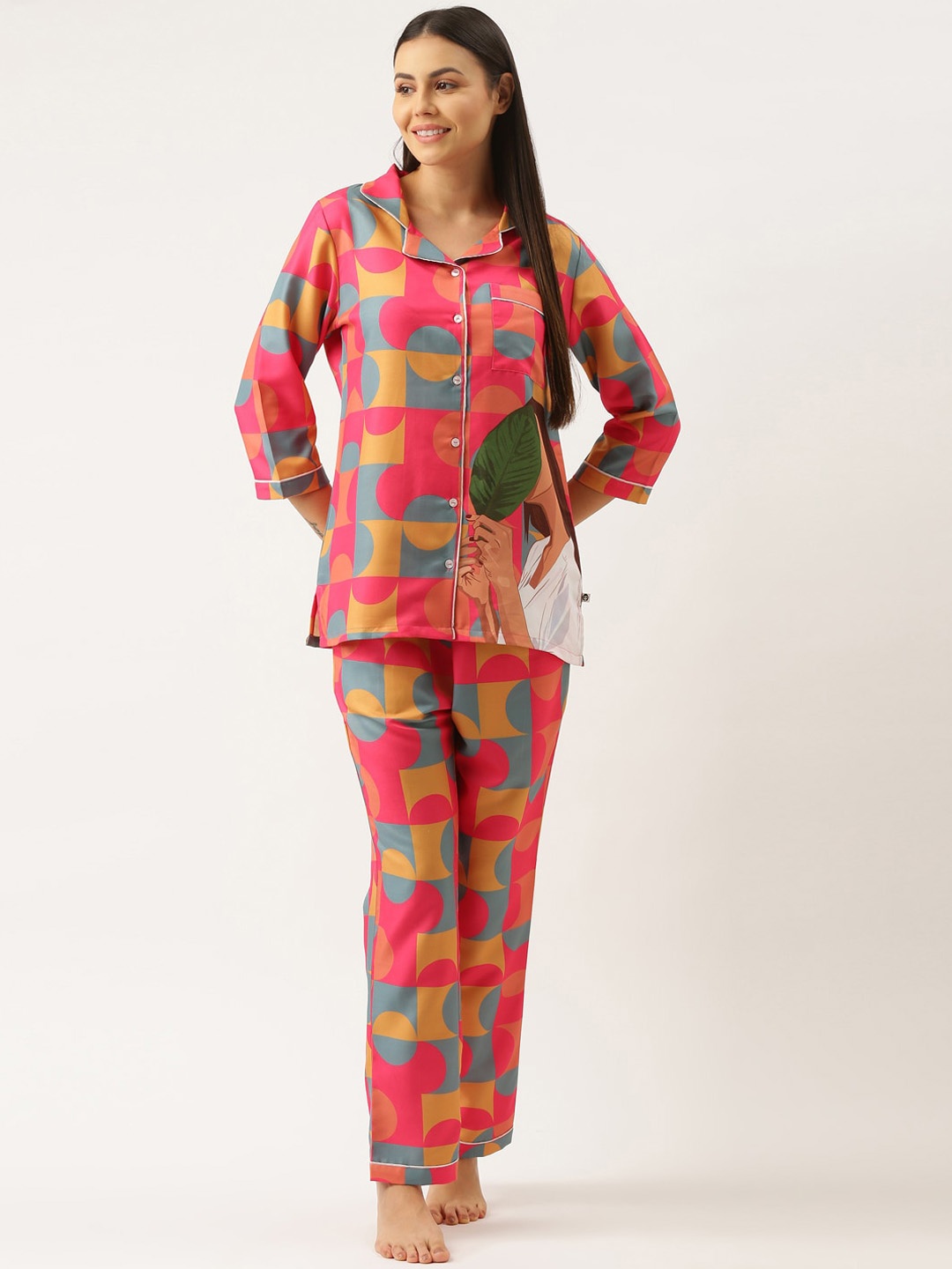 

Bannos Swagger Women Pink & Blue Printed Night Suit