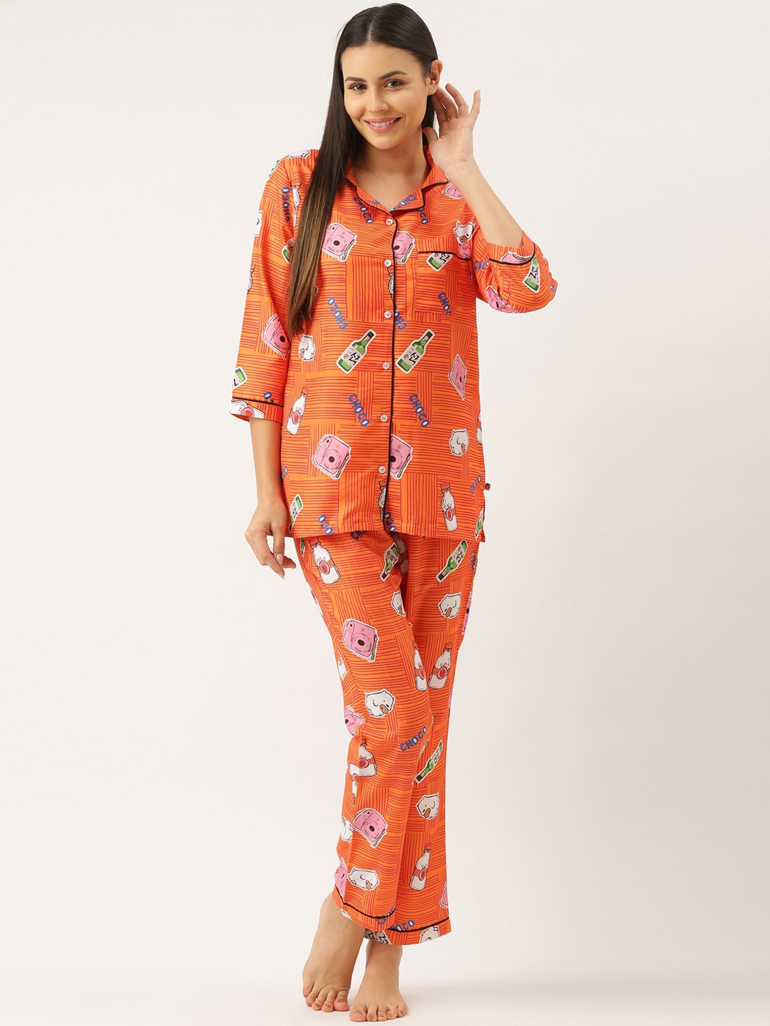 

Bannos Swagger Women Orange & Pink Printed Night suit