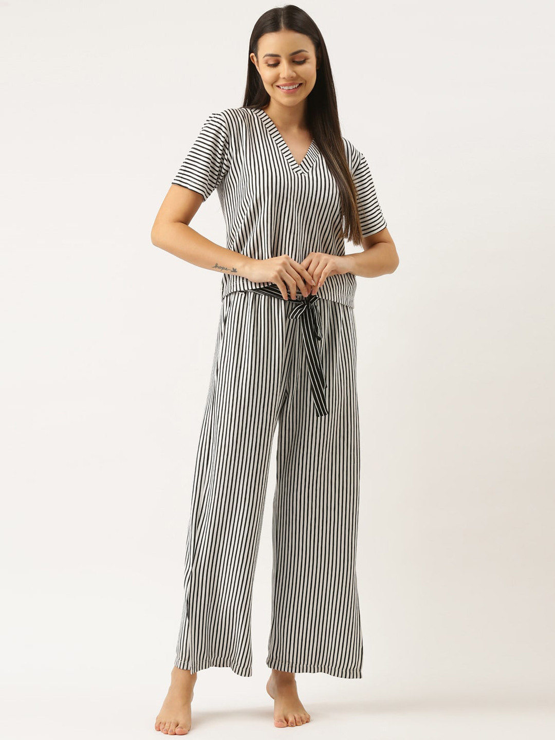 

Bannos Swagger Women White & Black Striped Night suit