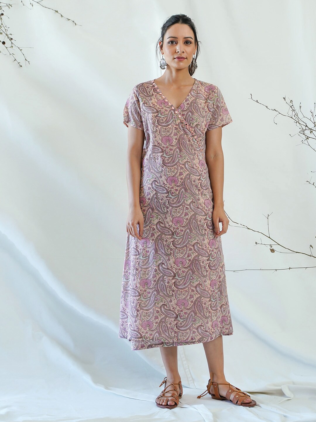 

AKISO Women Peach-Coloured Ethnic Motifs Cotton Wrap Dress