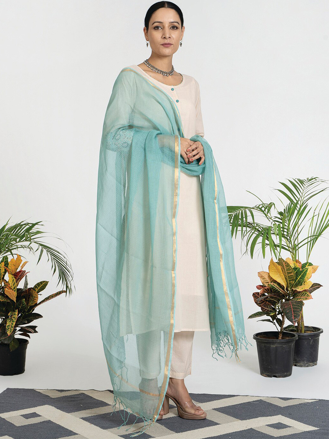 

AKISO Women Beige Pure Cotton Kurta with Trousers and Dupatta