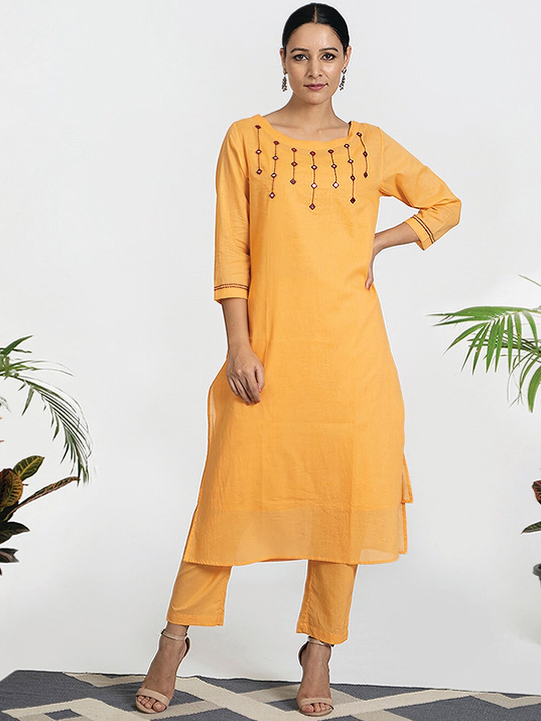 

AKISO Women Orange Thread Work Pure Cotton Kurta With Trousers & Dupatta