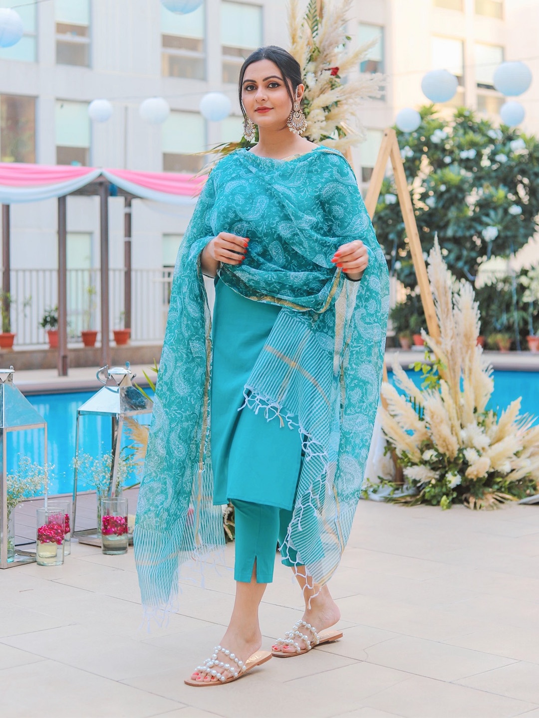 

AKISO Women Blue Pure Cotton Zari Work Kurta With Trousers & Dupatta