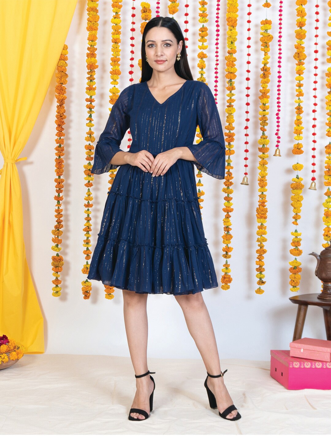 

AKISO Women Blue Embellished Layered A-Line Dress