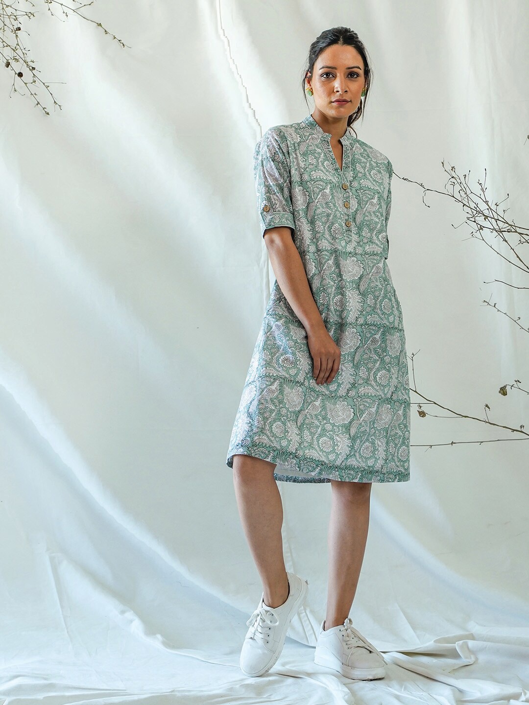 

AKISO Women Green Block Print Cotton Floral A-Line Dress