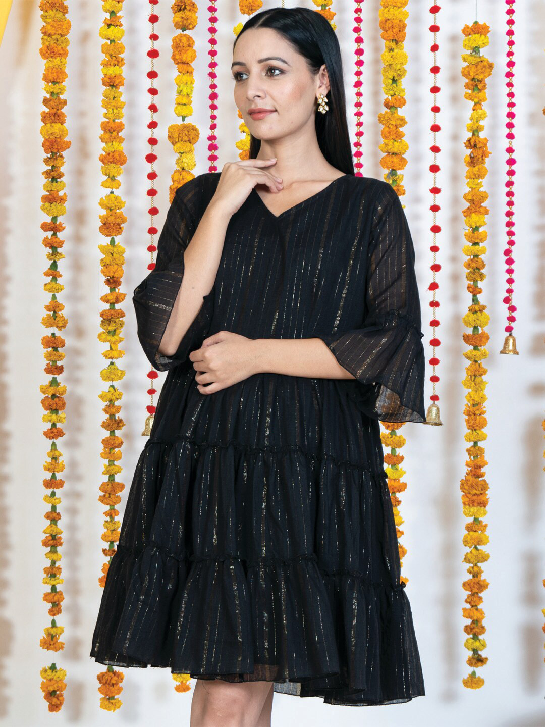 

AKISO Women Black Embellished Layered Dress