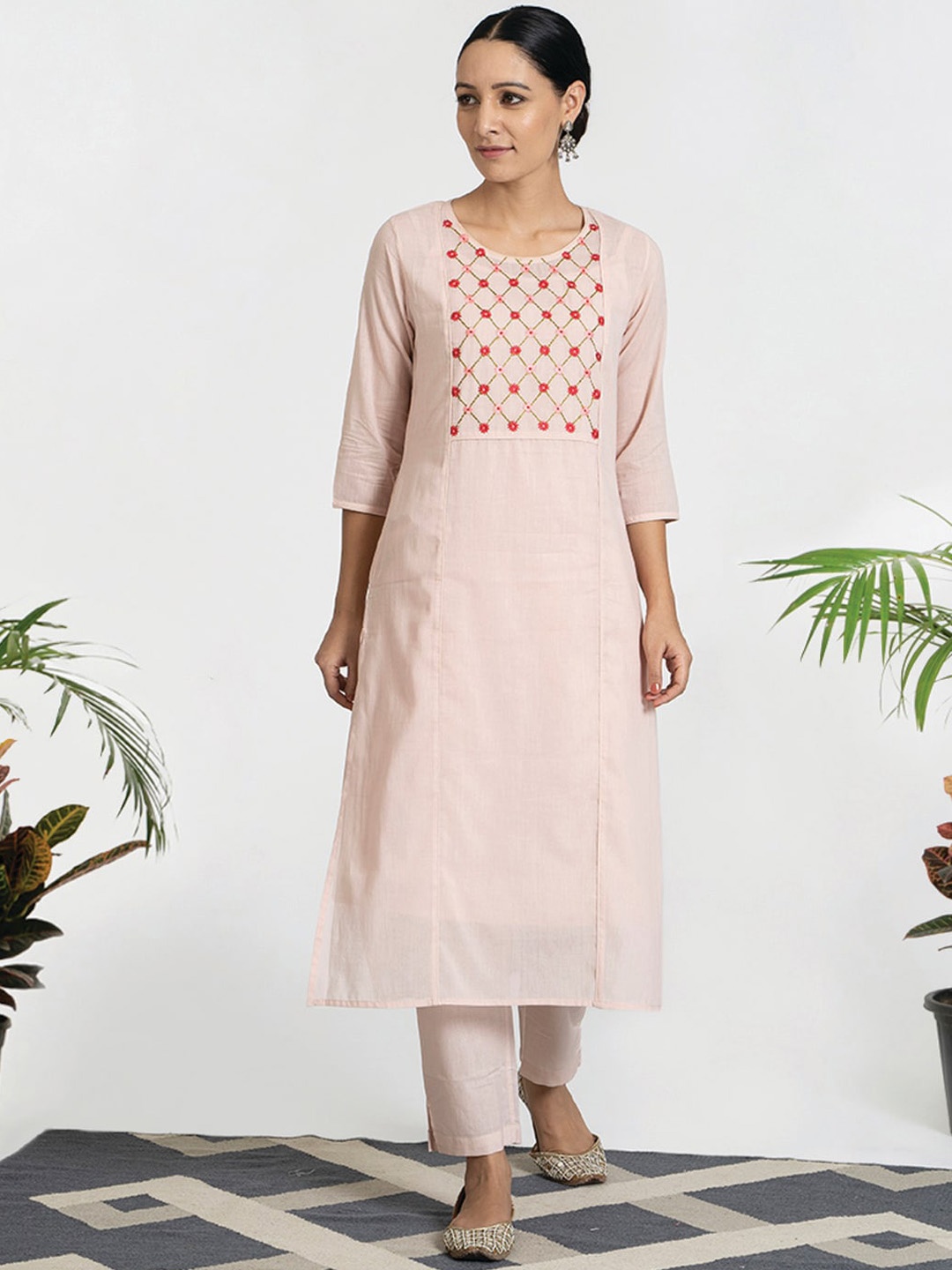 

AKISO Women Pink Floral Embroidered Pure Cotton Kurta with Trousers & With Dupatta