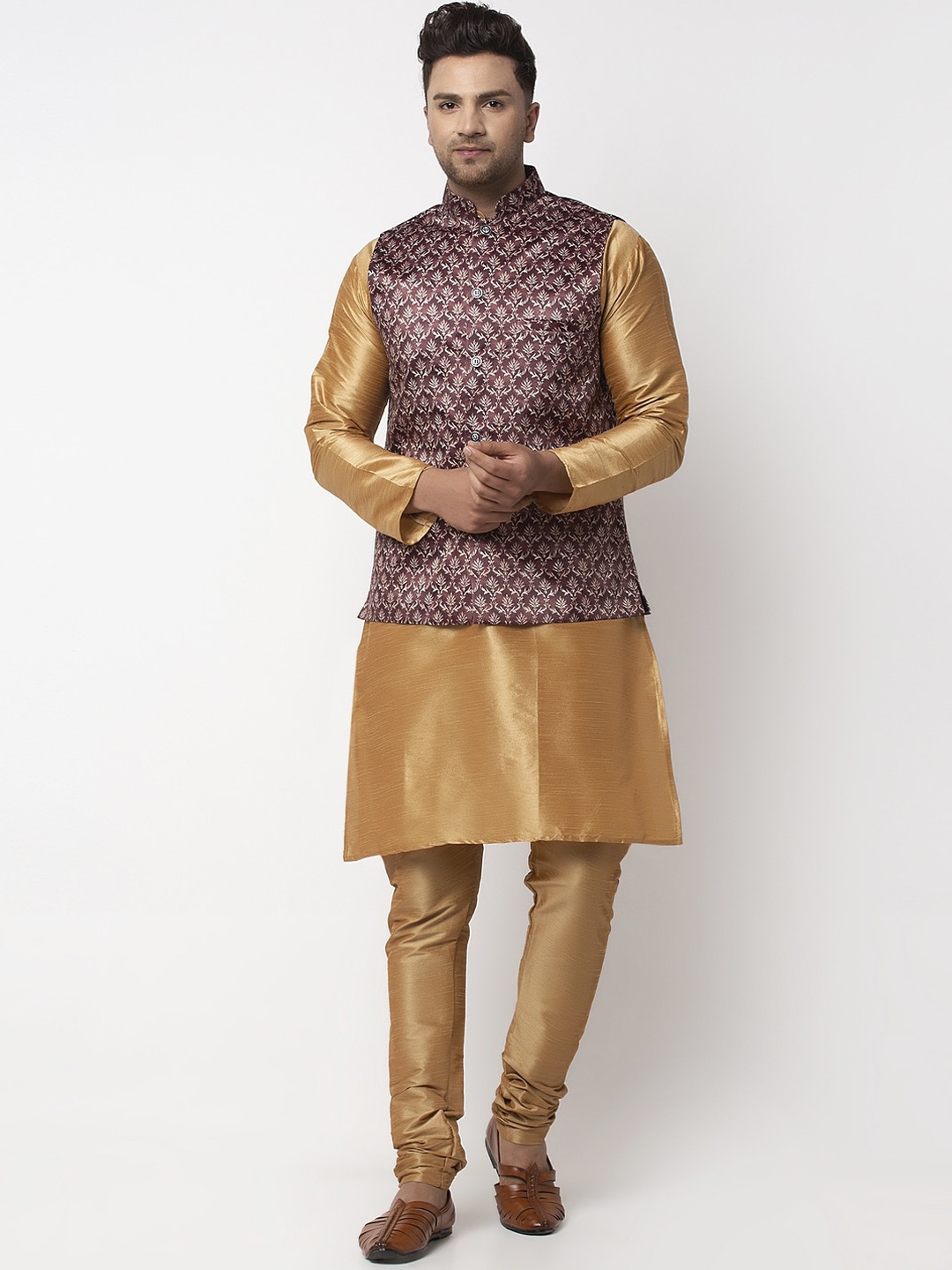

Benstoke Men Gold-Toned Printed Kurta with Churidar & Nehru Jacket, Copper