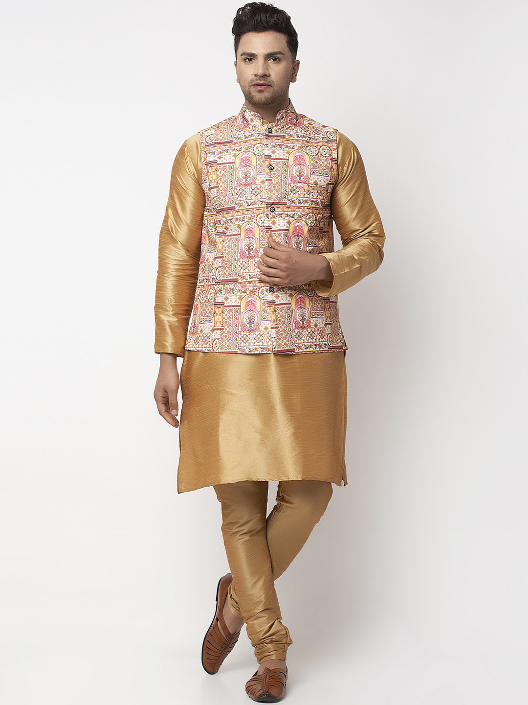 

Benstoke Men Copper-Toned Kurta with Churidar Nehru Jacket set