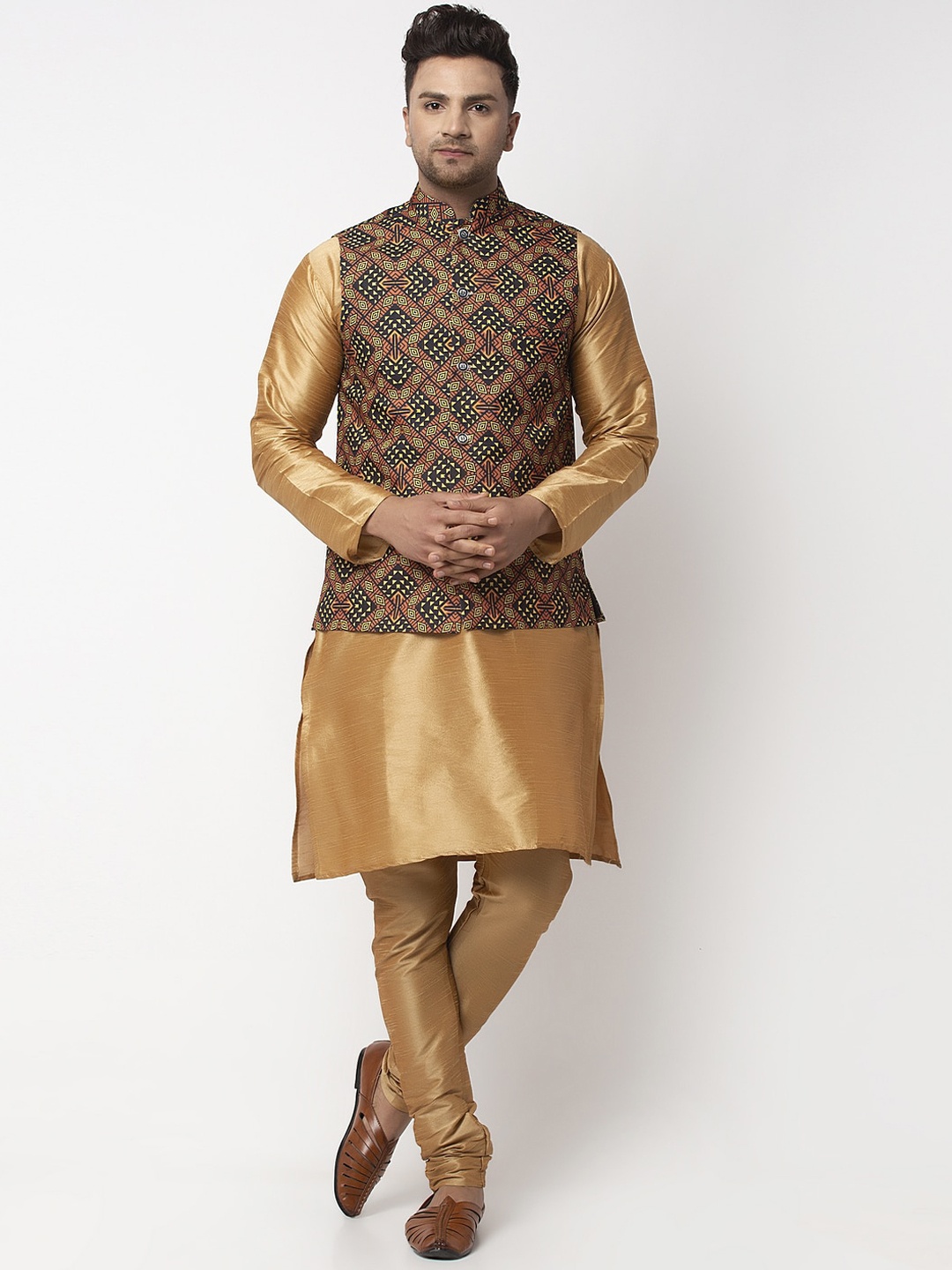 

Benstoke Men Copper-Toned Kurta with Churidar & Nehru Jacket
