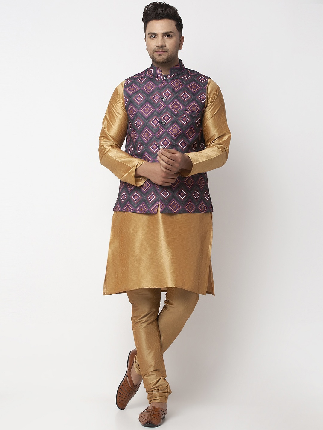 

Benstoke Men Copper-Toned Angrakha Kurta With Pyjamas And Nehru Jacket set