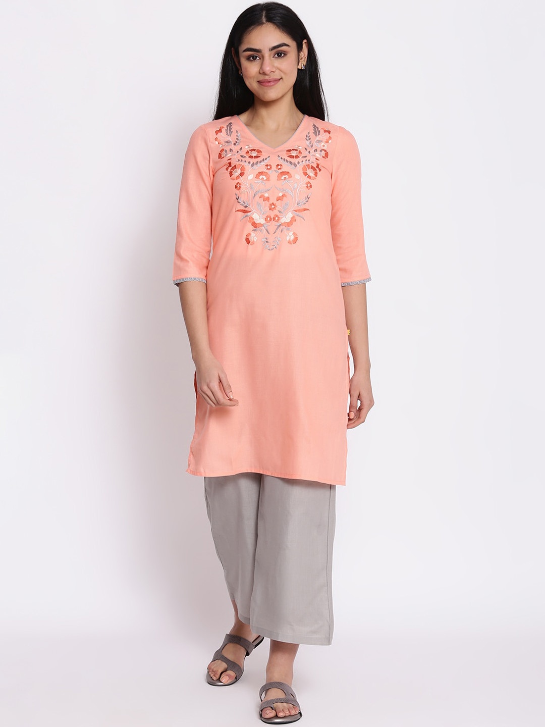 

Aurelia Women Embroidered Cotton Blend Kurta Set with Palazzos, Orange