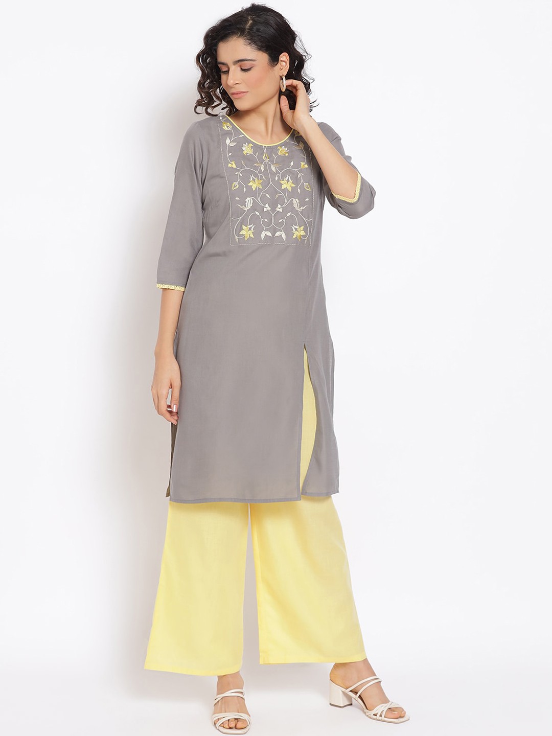 

AURELIA Women Grey & Yellow Floral Embroidered Kurta with Palazzos