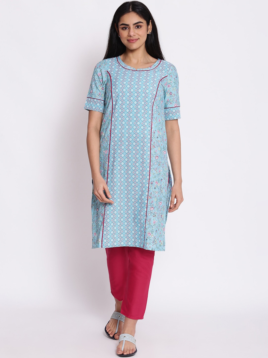 

AURELIA Women Blue Floral Printed Panelled Kurta with Trousers