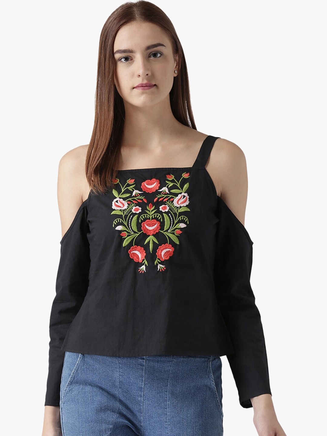 

DODO & MOA Women Black Floral Embroidered Monochrome Top