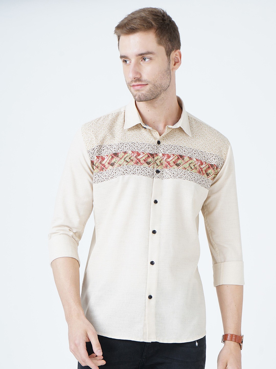 

SORATIA Men Beige Slim Fit Printed longsleeve Casual Shirt
