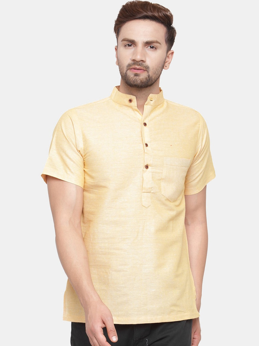 

Sayesha Men Yellow Solid Short Cotton Kurta